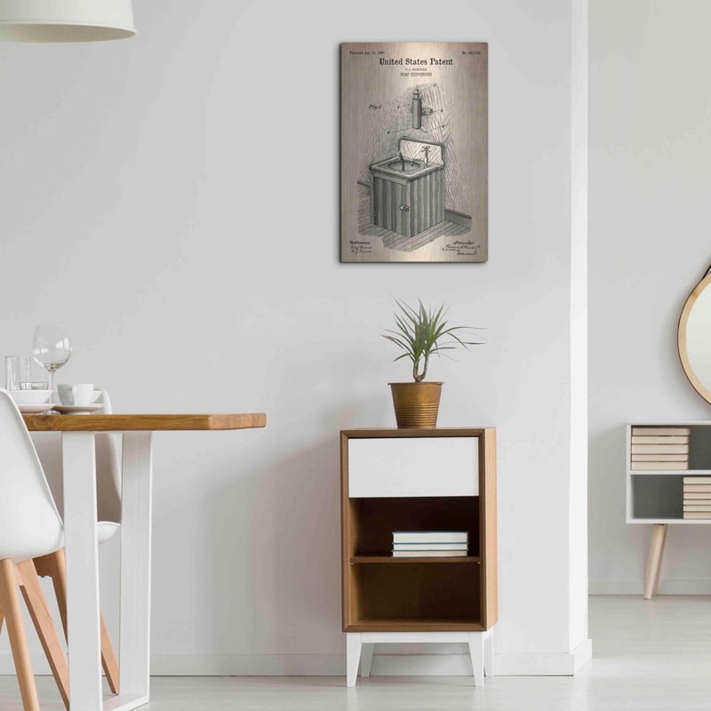 «Soap Distributeur Blueprint Brevet Parchment», art mural en métal, H 24 po x l 16 po