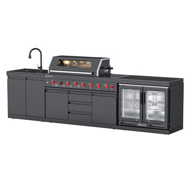 Ensemble d'îlot de cuisine d'extérieur avec réfrigérateur et évier VESTIVium - Barbecue au gaz naturel à 6 brûleurs en acier inoxydable 304, îlot de barbecue, cuisine d'extérieur modulaire, brûleur latéral, brûleur de rôtisserie infrarouge, armoire de rangement et comptoir en granite
