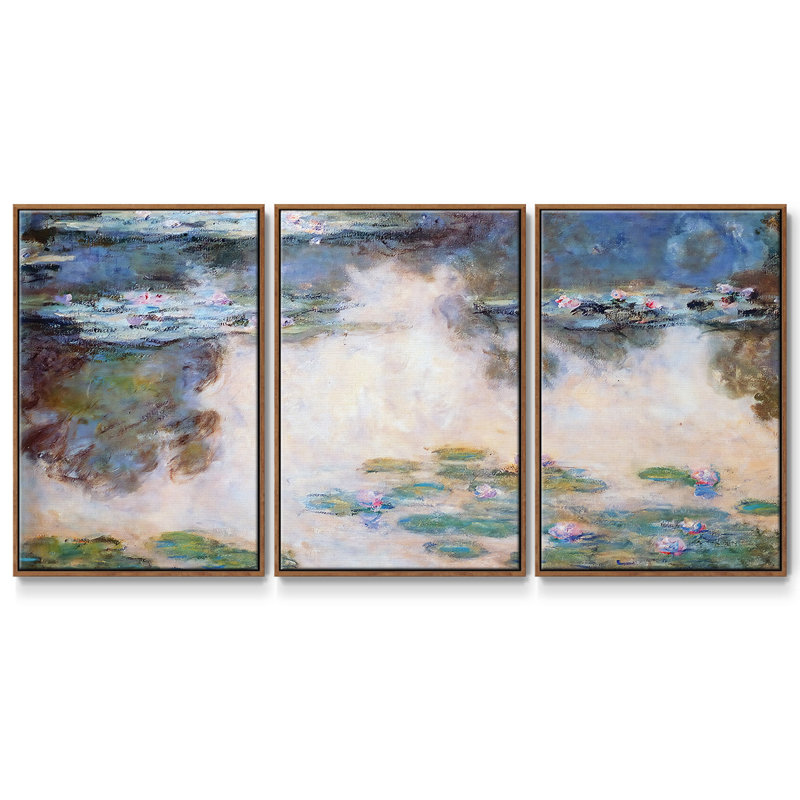 Nymphéas, 1906 05 - Toile encadrée multi-pièces, H 36 po x l 75 po x P 2 po, Noyer
