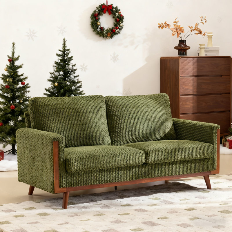 Modern Farmhouse Velvet Upholstery Loveseat With Frame Compact 2-Seater Couch For Small Space, Olive Green