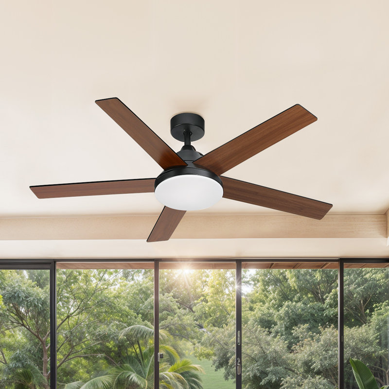  Ventilateur de plafond 5 pales 52 "avec lumière et télécommande, Noir mat, Bois brun