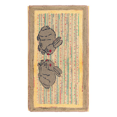 Antique Hooked Rug In Colorful Twin Rabbit Pictorial - Rug & Kilim