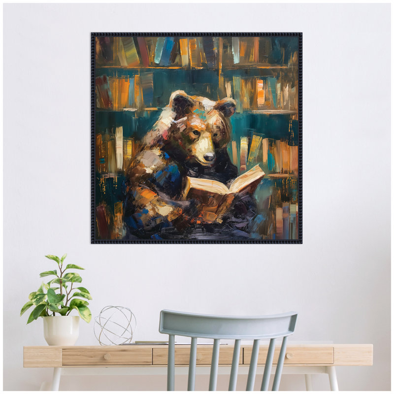 Reproduction d'art sur toile encadrée, "Traditional Bear Reading in Library" par The Creative Bunch Studio, Noir