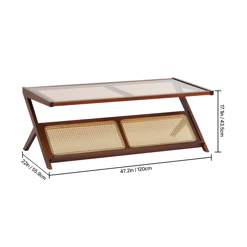 Rattan Coffee Table, Z-Shaped Rattan Woven Bamboo End Table with Tempered Glass Top, 47” Modern Boho Storage Mid Century Coffee Table with Natural Bamboo Legs, for Living Room, Bedroom & Small Spaces, Walnut