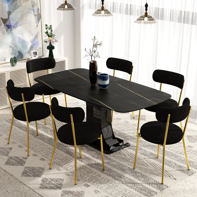 Ensemble de salle à manger rectangulaire moderne avec chaise Teddy, 7, Noir, Or/noir