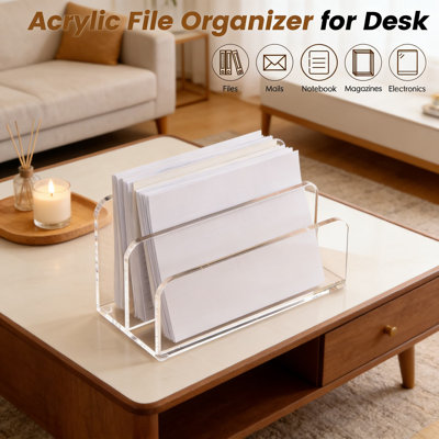 Organisateur de dossiers en acrylique transparent avec 2 sections, support de courrier et de documents vertical pour le bureau, la maison et le bureau d'école