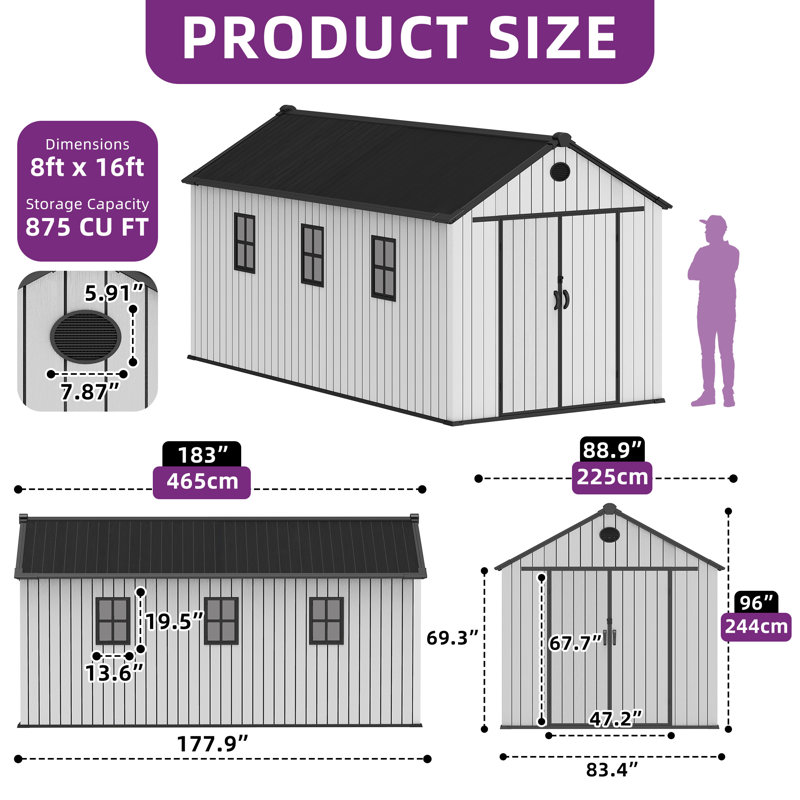 Remise de rangement l 8 pi x P 16 pi, H 96,06 po x l 83,46 po x P 177,95 po