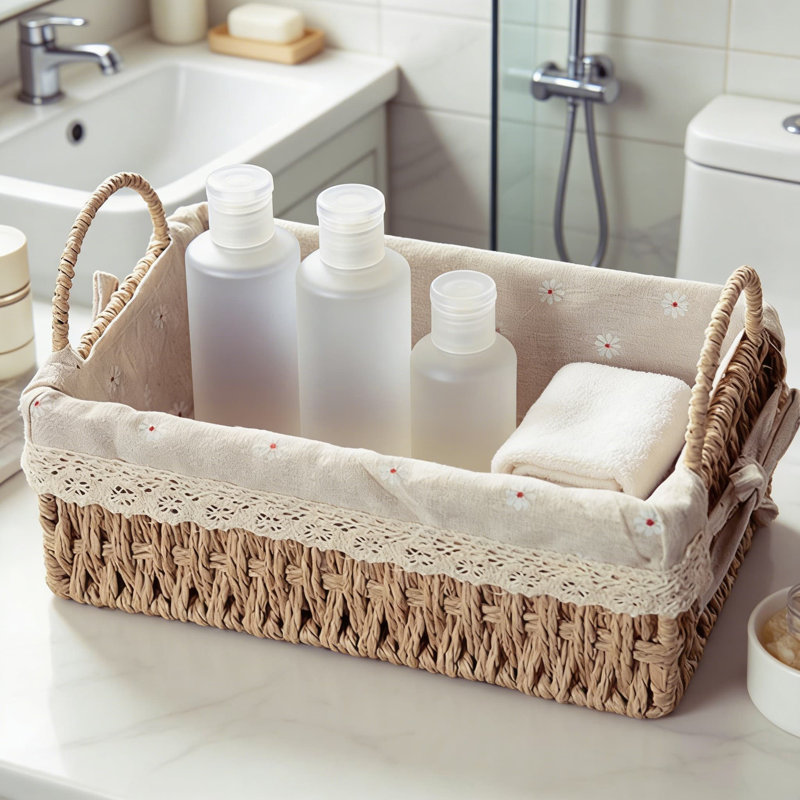 Handwoven Paper Rope Storage Baskets With Liner, Set Of 2 Rectangular Woven Shelf Organizers With Handles For Home Organization In Living Room, Bedroom, Or Bathroom