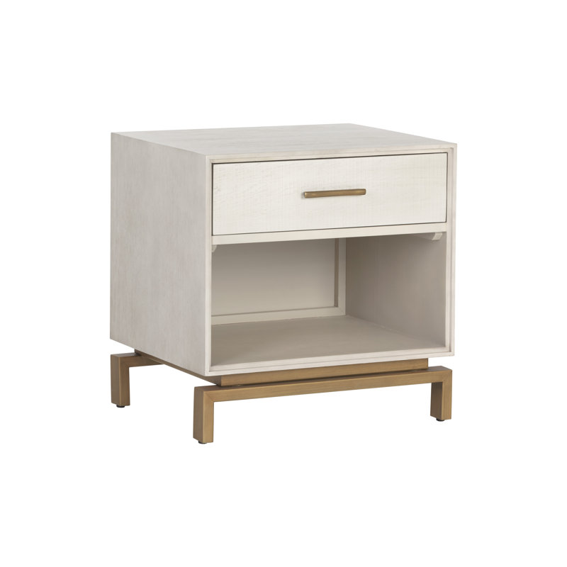 Beige Eucalyptus and Oak Transitional Nightstand with Brass Hardware