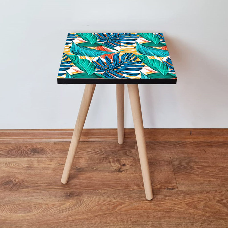 Table d'appoint moderne avec pieds en bois de hêtre, 13,8 x 16,5 x 13,8 pouces | Fabrication 100% bois aggloméré, épaisseur: 0,7 po | Design floral élégant, parfait pour le salon et la chambre à coucher, durable et élégant