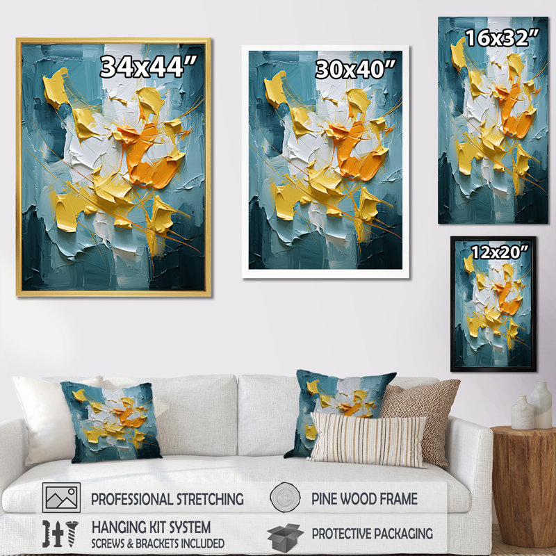«Spring Bliss Abstract Turquoise and Yellow», reproduction d'art sur toile, H 32 po x l 16 po x P 1 po, Toile tendue