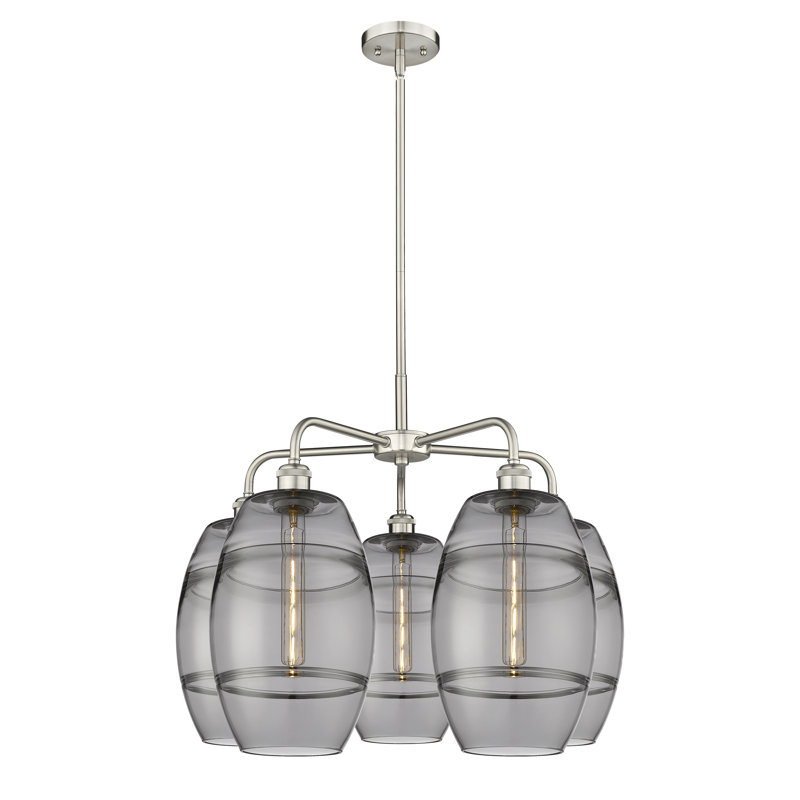 Lustre rond / ovale à abat-jour 5 lumières, Nickel satiné, Gris fumée clair, H 15,38 po x l 26 po x P 26 po