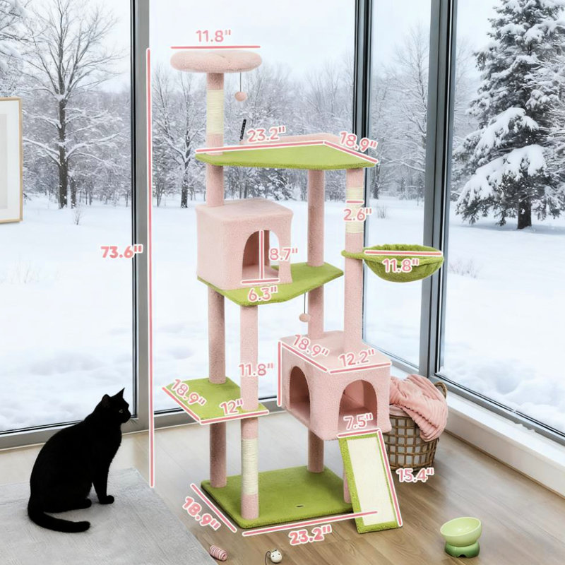 73.6" Multi - Level Cat Tree With Flower Design, Two Condos, , And Scratching, Widened Base For Large Multiple Perches, Tip Strap Stability