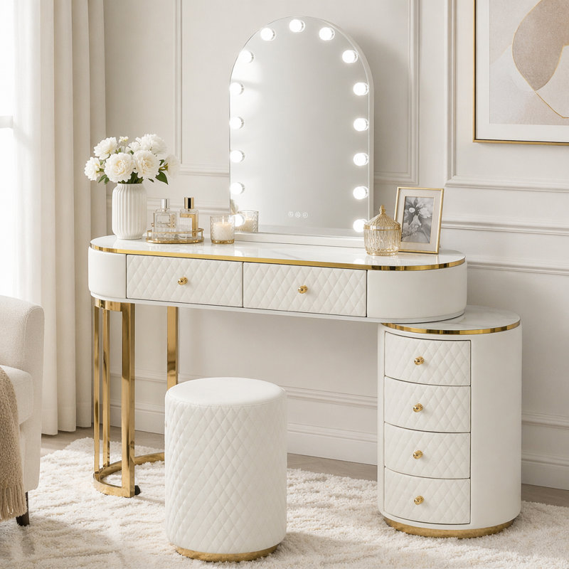 Bureau de coiffeuse de luxe avec miroir à DEL, longueur réglable et plateau d'aspect marbre, Beige 6-Drawers