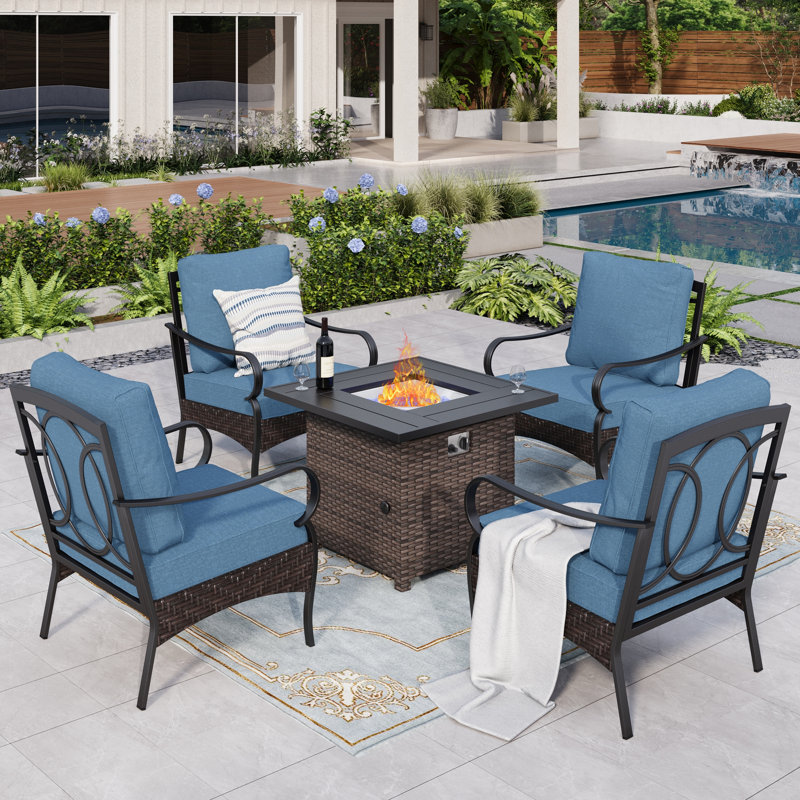 4-person Outdoor Conversation Set With Fire Pit Table, Denim Blue