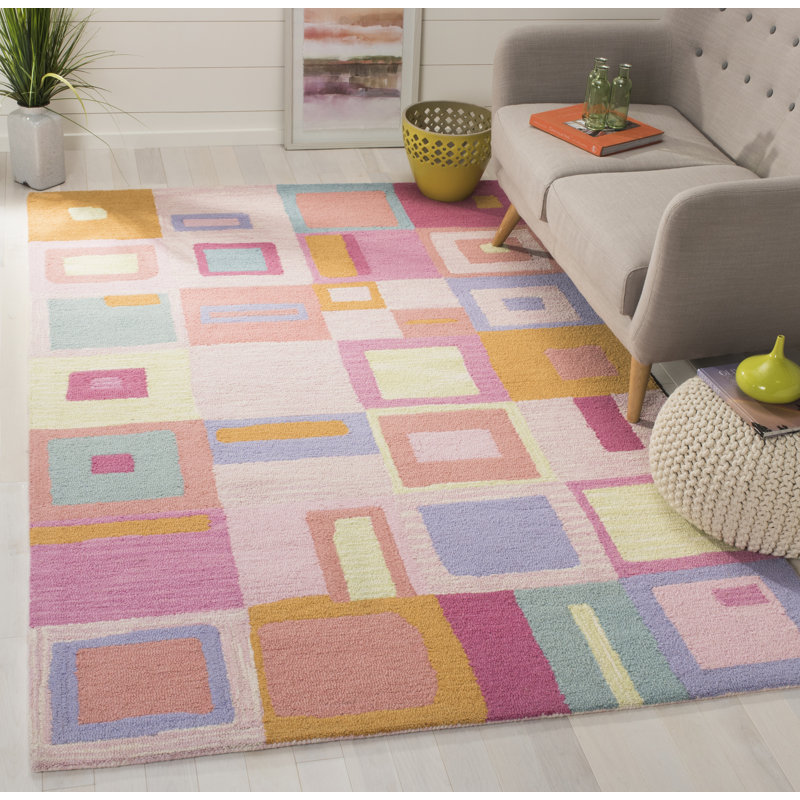 Tapis rose / bleu / orange en laine / coton touffeté à la main Krystyna, Rectangle 8 pi x 10 pi