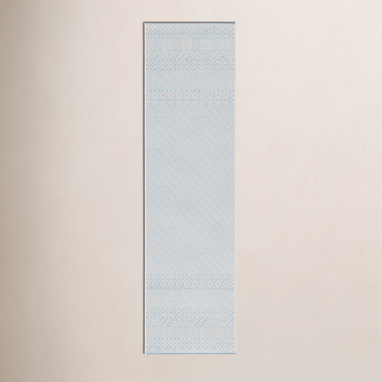 Lenwood Beige Aqua Geometric Outdoor Rug, Runner 2'3" x 10'