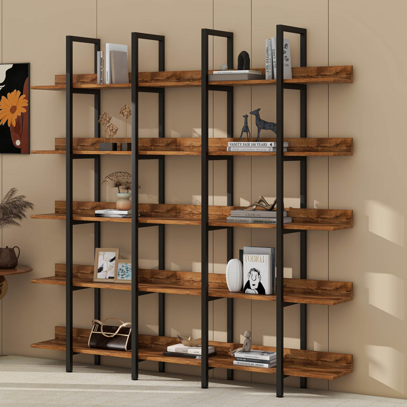 Bibliothèque à 5 niveaux avec bureau ouvert, étagère de style industriel rétro, Brun