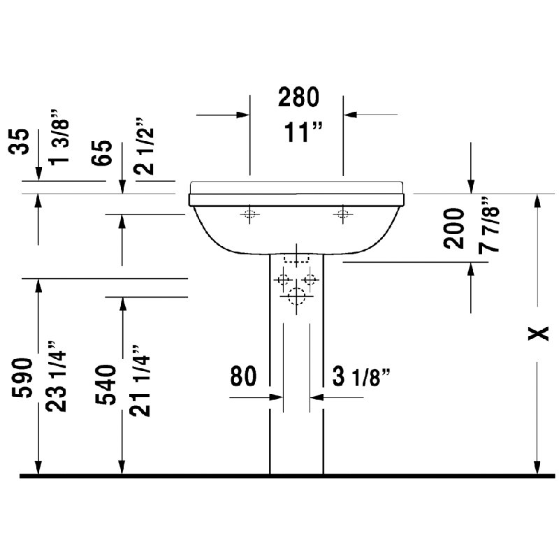 Starck 3 Ceramic Wall Mount Bathroom Sink with Overflow, Single, 21.63" W x 16.9" D