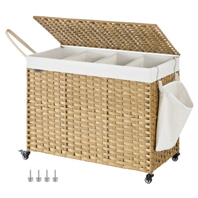 Panier à linge avec couvercle, 55,4 gallons (210 L), panier à linge roulant sur roulettes, rotin synthétique à 4 sections, doublure amovible, chambre à coucher, 33,9 x 15,7 x 26 pouces