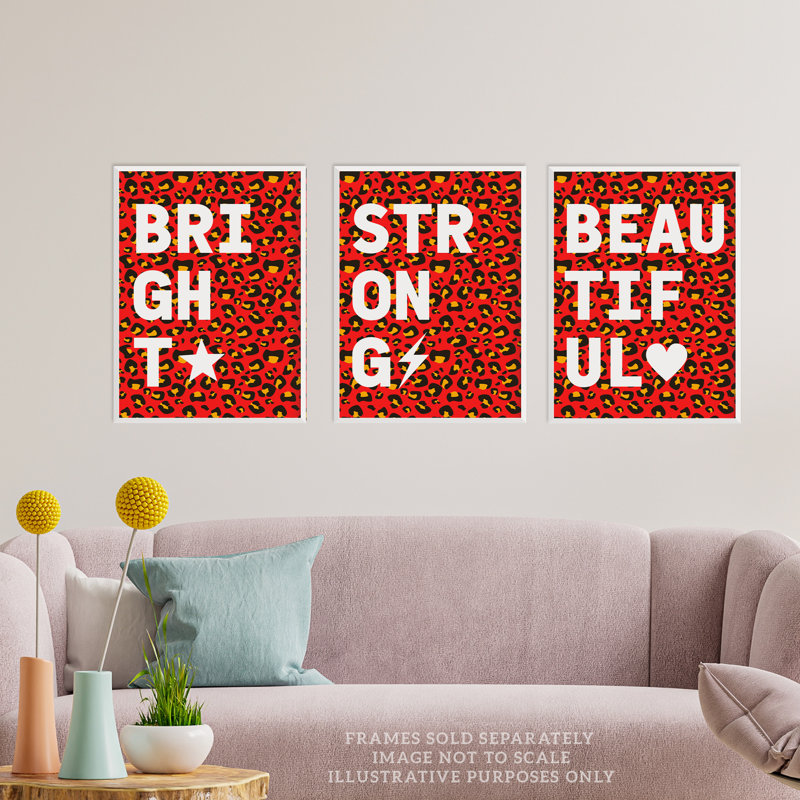 Leopard Pattern Beautiful Strong Bright Typography - 3 Piece No Frame Print Set, Multicoloured Red