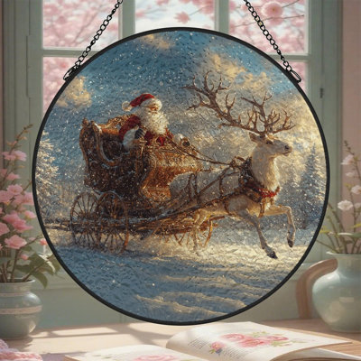 Panneau de vitrail Père Noël renne enneigée vitrail pour fenêtre