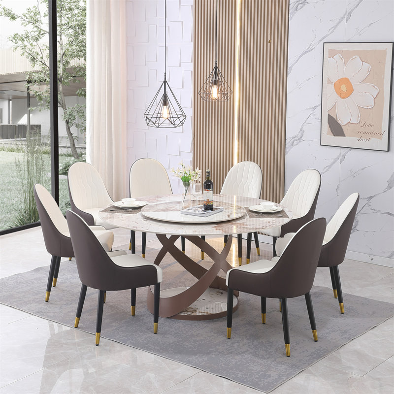 Table de salle à manger moderne en pierre frittée de 59,05 po avec plateau tournant rond de 31,5 po et piédestal exquis en métal avec chaises de 6 pièces.