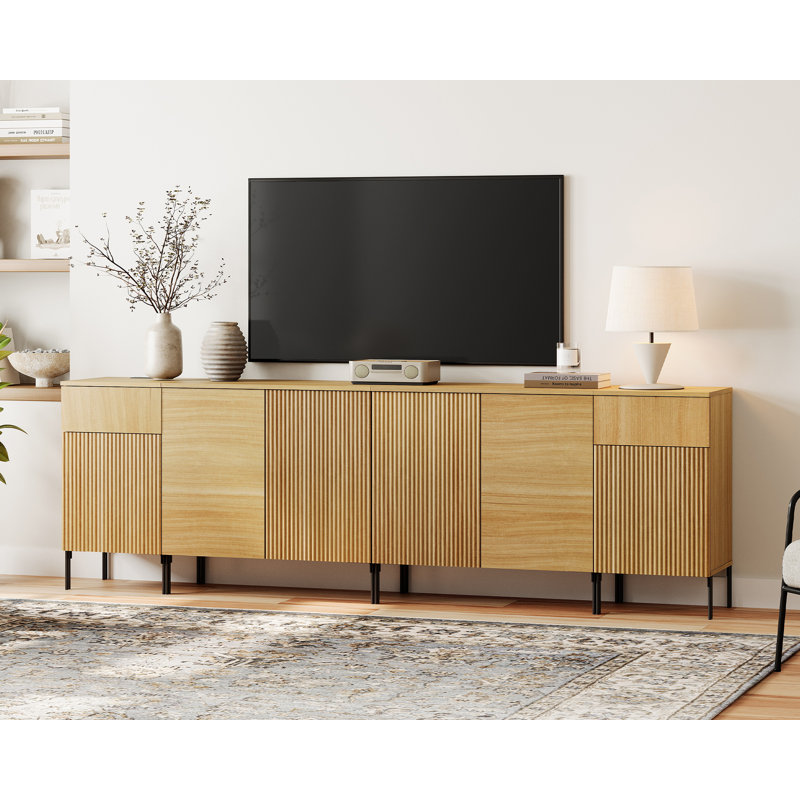 Meuble télé Aadham de 94,5 po de style commode moderne pour téléviseur de 100 po ou moins, meuble audio-vidéo avec station de charge et console de télévision en bois avec rangement