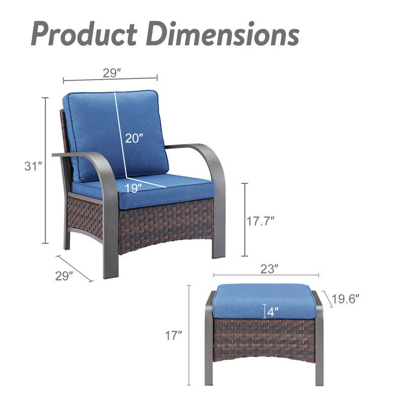 Chaises d'extérieur en rotin avec coussins et repose-pieds Bobra, Bleu