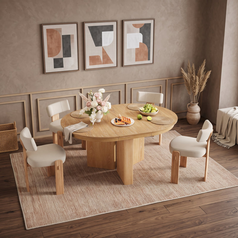 Table de salle à manger extensible avec pied central et patins ajustables, Naturel