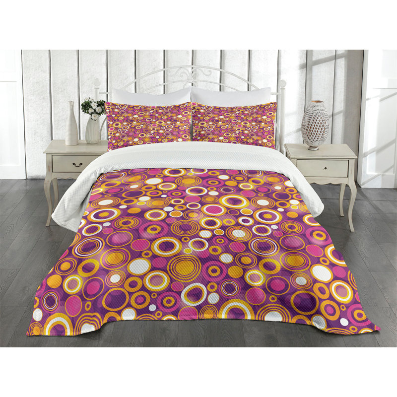 Ambesonne Geometric Bedspread Set Vintage Circles Round Multicolor, King Coverlet/Bedspread + 2 Standard Shams