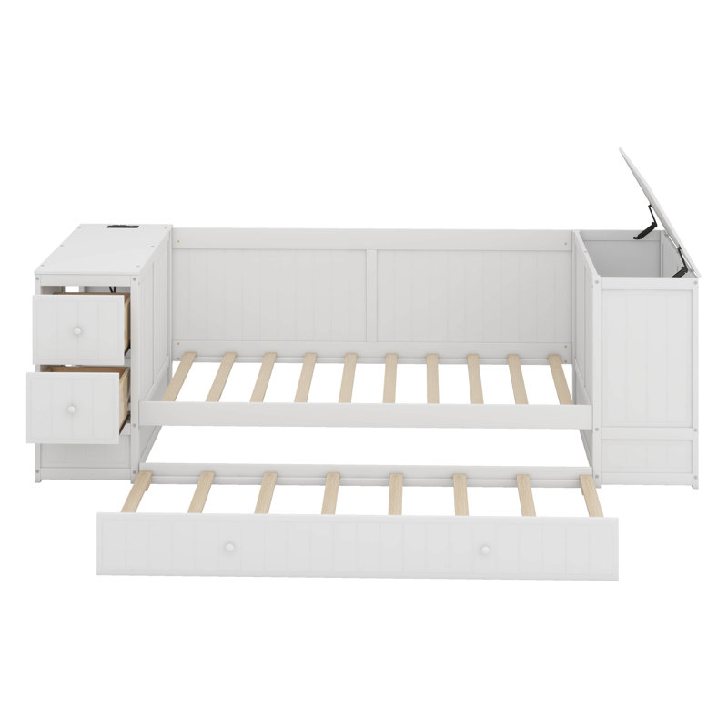 Lit de jour simple avec couchette et accoudoirs de rangement, canapé-lit en bois avec station de charge, Blanc