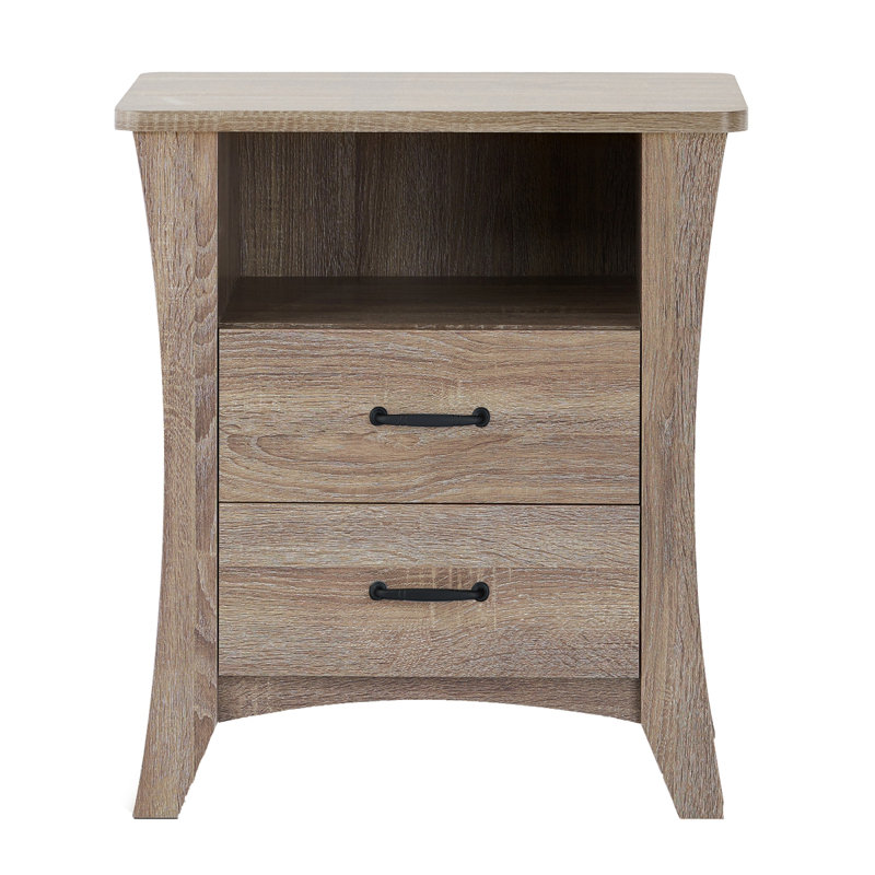 Table de chevet rustique naturelle avec 2 tiroirs et tablettes ouvertes, Brun