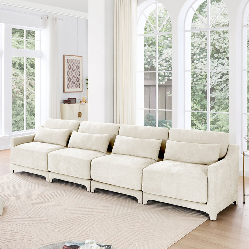 Canapé en chenille moderne, 4, H 32,6 po x l 141,7 po x P 33 po, Blanc