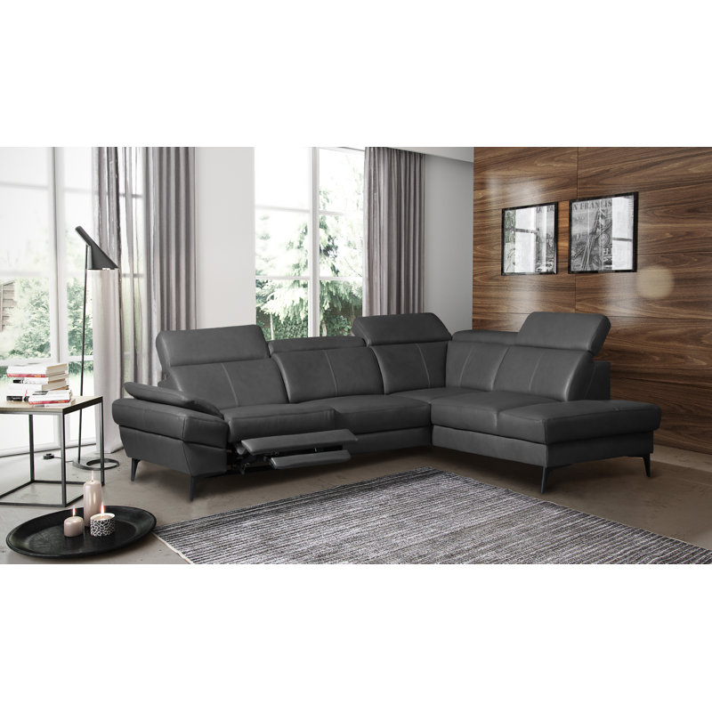 Genuine Leather Reclining Corner Sofa with Adjustable Headrests and Adjustable Armrest and Storage, Right Hand Facing, Grey