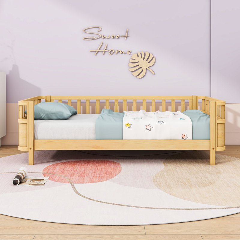 Wooden Platform Bed with Low Design and Slats, Twin, Natural