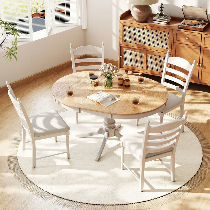 Ensemble de salle à manger extensible 5 pièces avec table à piédestal et chaises rembourrées, Naturel