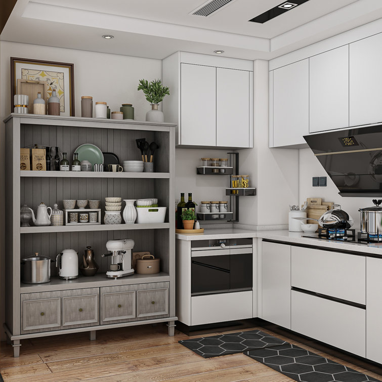 Small U Shaped Pantry with Wicker Labeled Food Bins - Transitional -  Kitchen