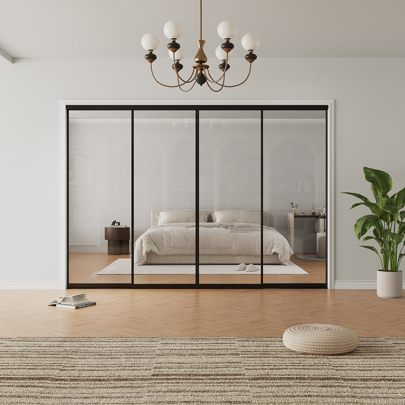 Porte coulissante en verre transparent à 1 vitre avec cadre en aluminium noir 96 "x 80" avec quincaillerie, 4 panneaux