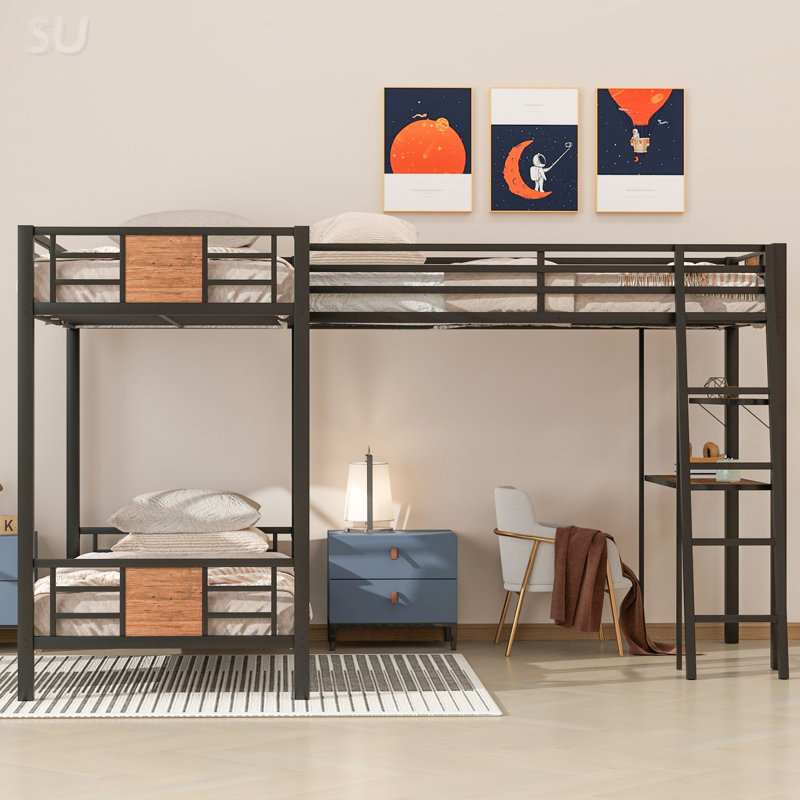 Lit superposé simple au-dessus de simple en L avec lit mezzanine simple avec bureau et tablette (lit)