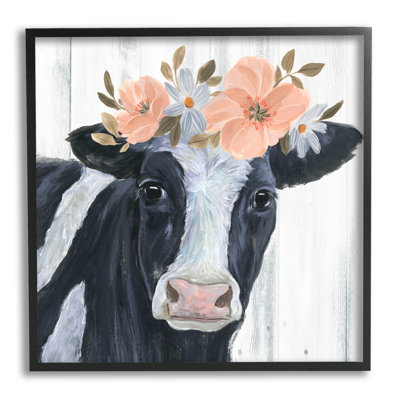 " Pink Blossoms Cow Portrait " by Annie Warren