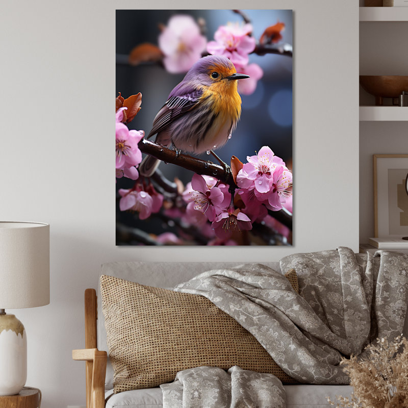 «Yellow Bird On Blossom Cherry III», reproduction d'art sur métal, H 40 po x l 30 po x P 1 po