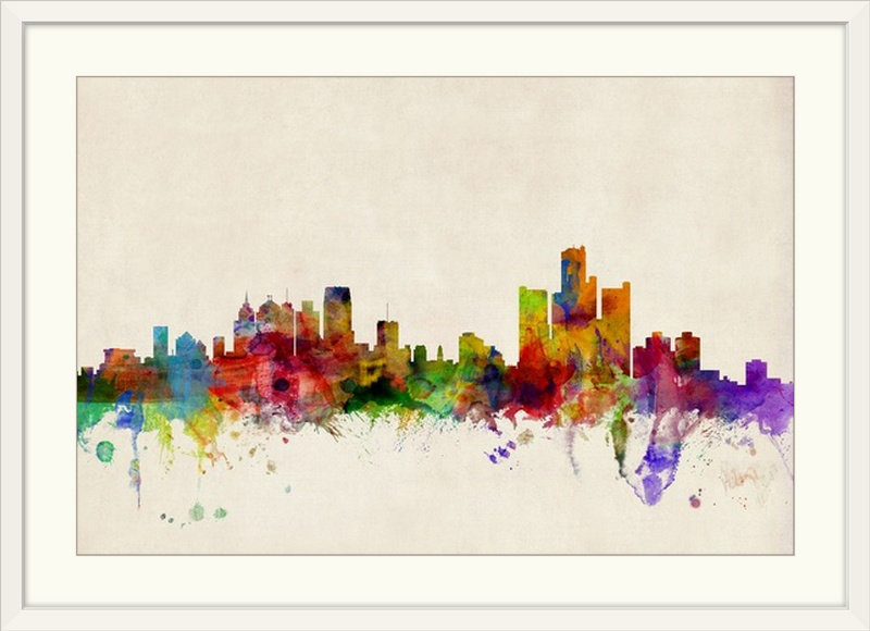 «Detroit Skyline» par Francy, impression, Cadre blanc, H 20 po x l 26 po x P 1 po