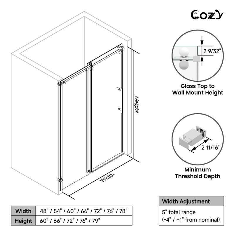 Porte de baignoire coulissante simple sans cadre l 68 à 73 po x H 60 po avec verre trempé transparent de 3/8 po (10 mm), film incassable et localisateur de trous d'installation - Rail supérieur rond
