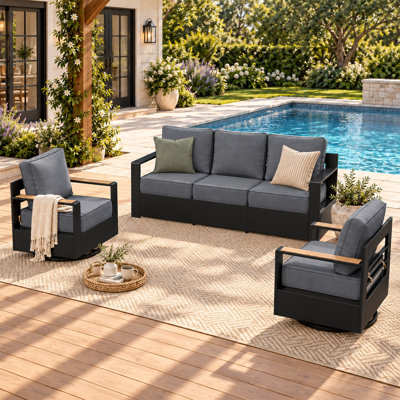 Ensemble de mobilier de jardin en aluminium 3 pièces, comprenant des fauteuils pivotants à bascule et un canapé 3 places avec coussins en oléfine beige