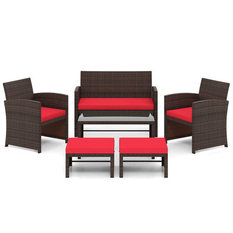 Ensemble de 6 meubles de patio avec 1 causeuse, 1 table basse, 2 fauteuils et 2 repose-pieds rouges, Rouge, Brun