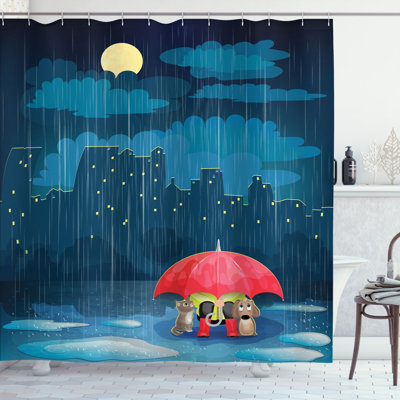 Ambesonne Nursery Shower Curtain, Kitty And Poppy Romantic Love Storey Starry City Blocks Rainy Day Umbrella Cartoon, Cloth Fabric Bathroom Decor Set With Hooks, Blue Coral