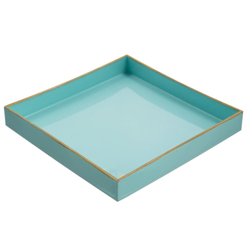 8.5” Square Plastic Tray with Powder Blue Finish and Gold Trim, Decorative Accent Tray for Organization, Serving, or Centerpiece Display 
