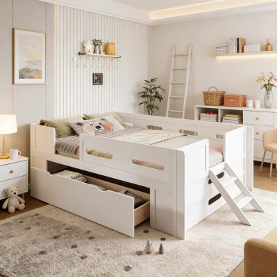 Wood Platform Bed with Guardrail,Drawer