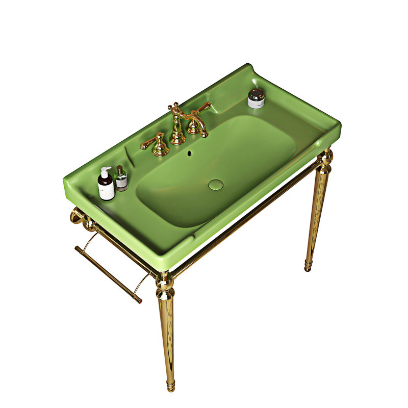 Lavabo de console de salle de bain, lavabo mural en céramique noire avec trous de robinet pré-percés, Vert, Doré, 36"